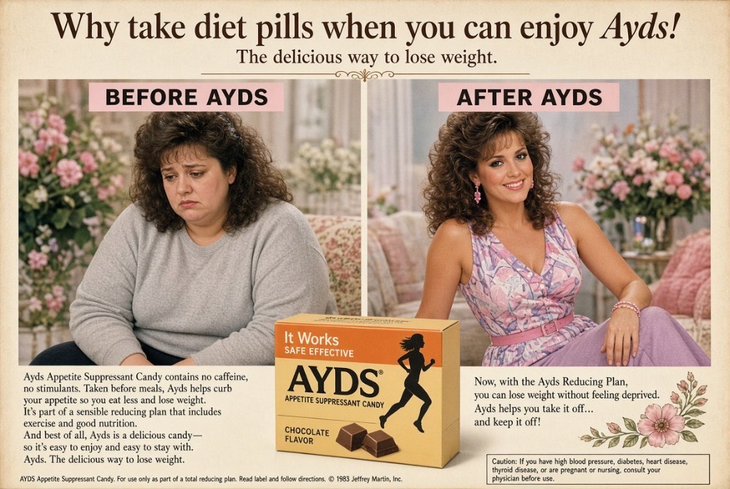 Ayds Appetite Suppressant Candy advertisement with before and after photographs of a woman.